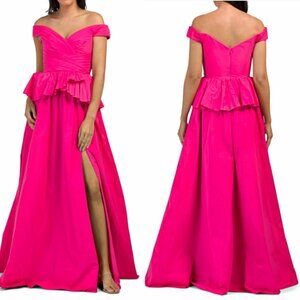 MARCHESA NOTTE Pleated Off-Shoulder Peplum Taffeta Gown in Pink sz 10 $895